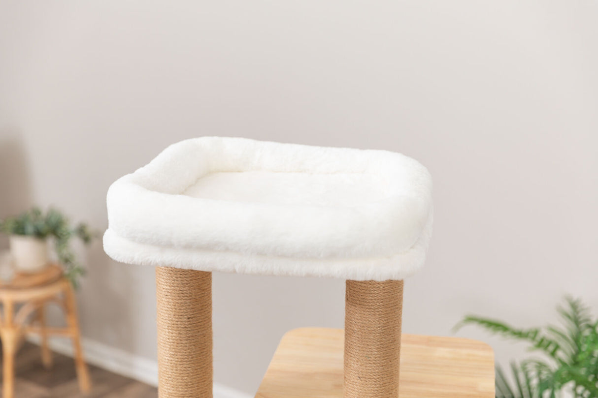 Weißer Plüschaufsatz auf einem Kratzbaum mit Sisalstämmen, vor einem neutralen Hintergrund und Pflanzen.