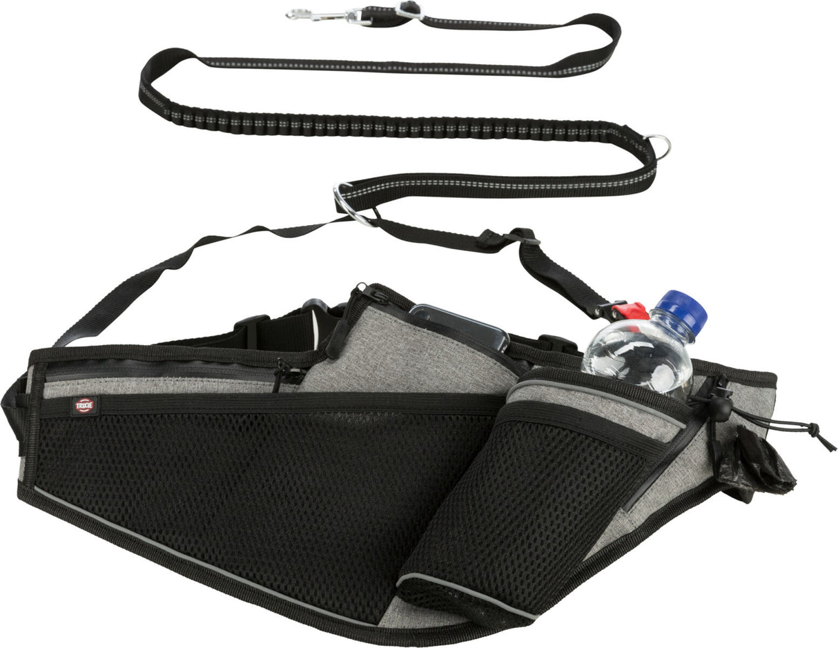 Schwarzer und grauer Laufgurt mit Flaschenhalterung und schwarzer Leine; Flasche und kleiner Beutel sichtbar.