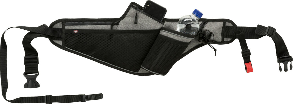 Schwarzer und grauer Hüftgurt mit mehreren Taschen für Flaschen und kleine Gegenstände, verstellbare Schnallen.