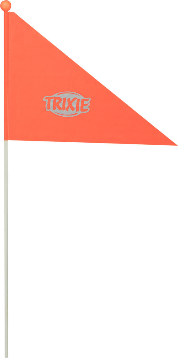 Orangene dreieckige Fahne mit der Aufschrift "TRIXIE" auf weißem Stab, Spitze mit orangefarbener Kugel.