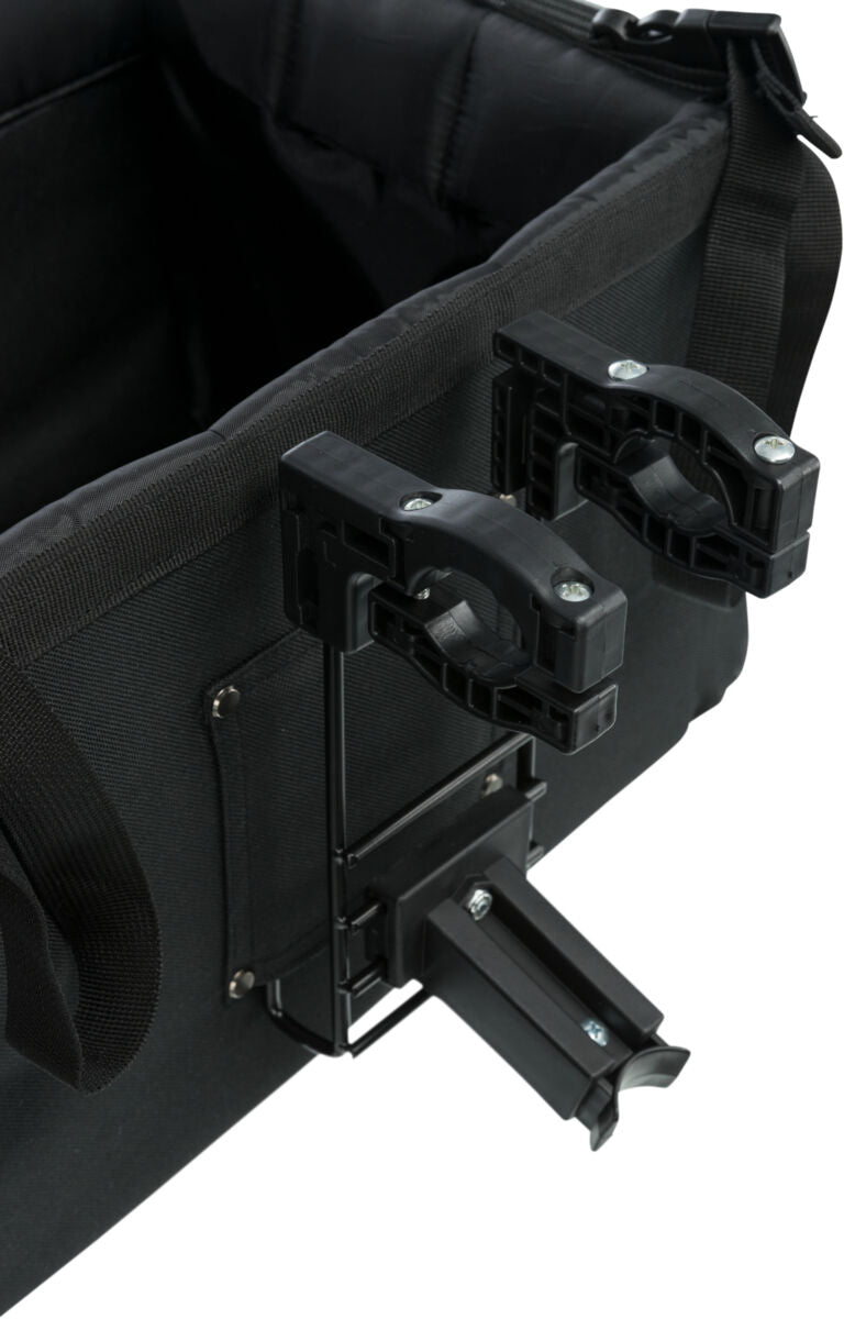 Schwarze Tasche mit Metallrahmen und zwei Kunststoffklemmen für Befestigung an Gegenständen.