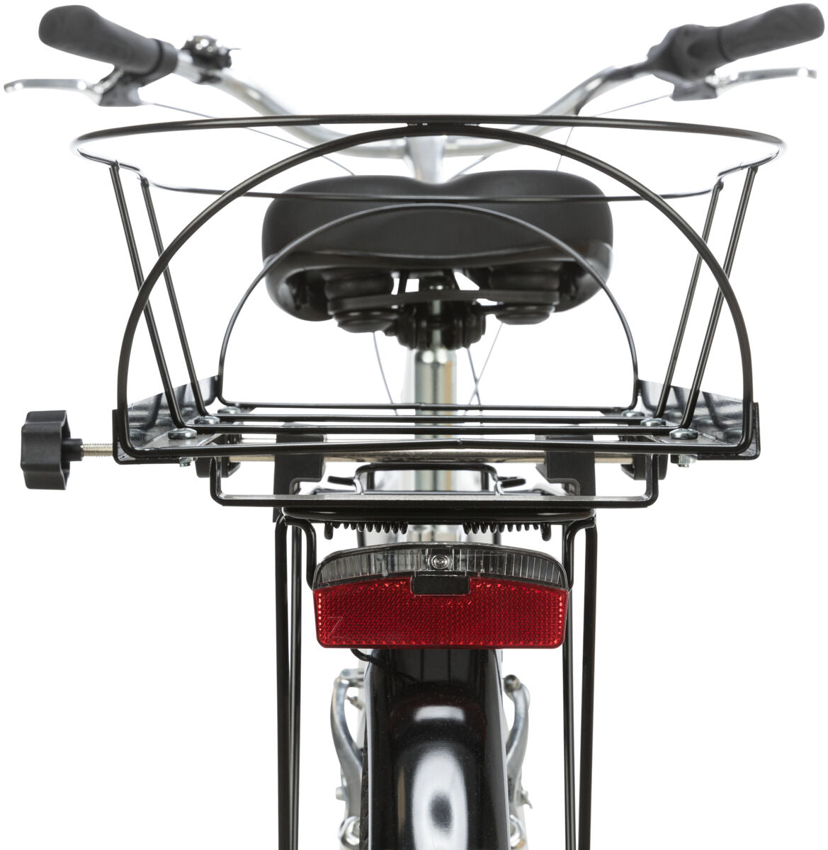 Fahrradgepäckträger mit schwarzer Metallstruktur und rotem Rückstrahler, hinter einem Fahrradsattel montiert.