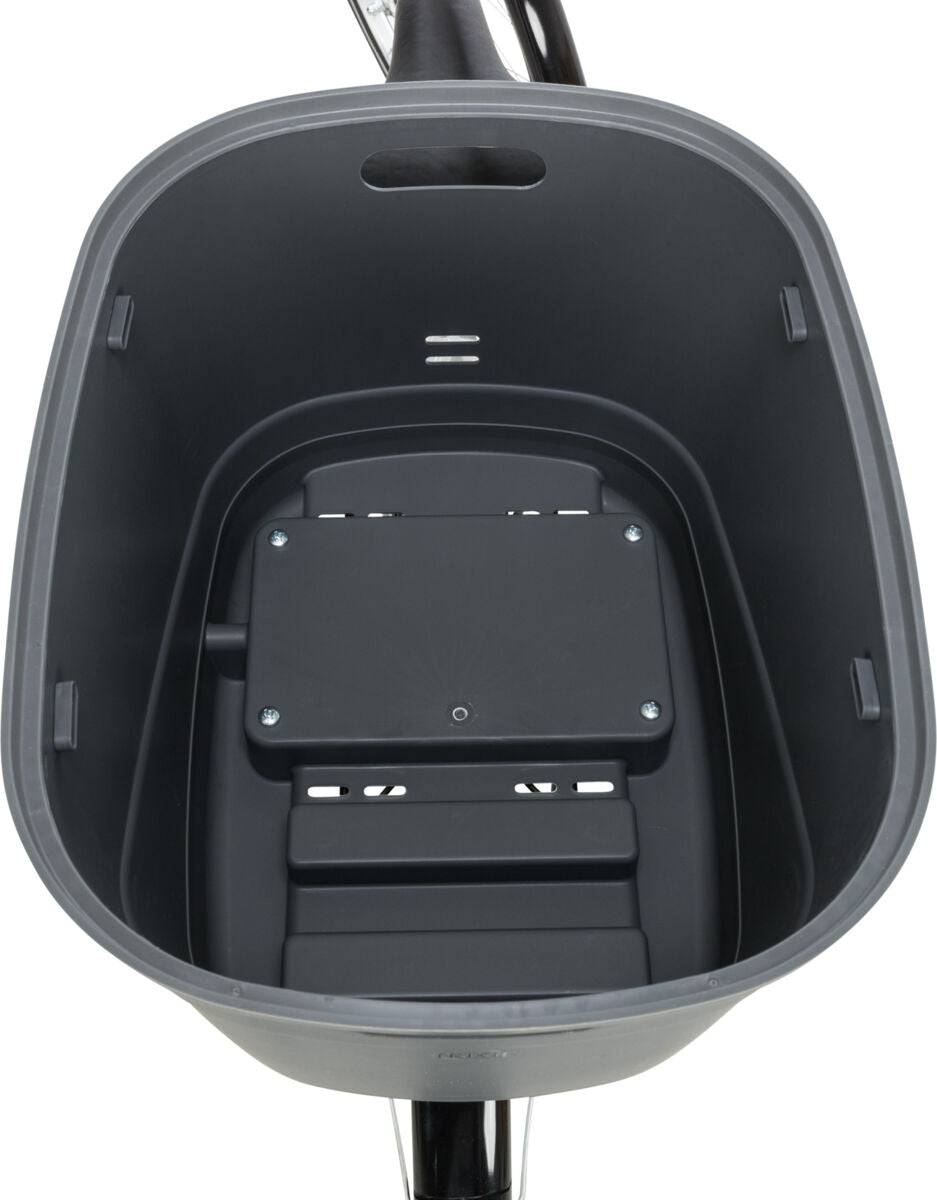 Grauer, ovaler Behälter mit glatten Seiten, Schraubbefestigungen und rechteckiger Öffnung.