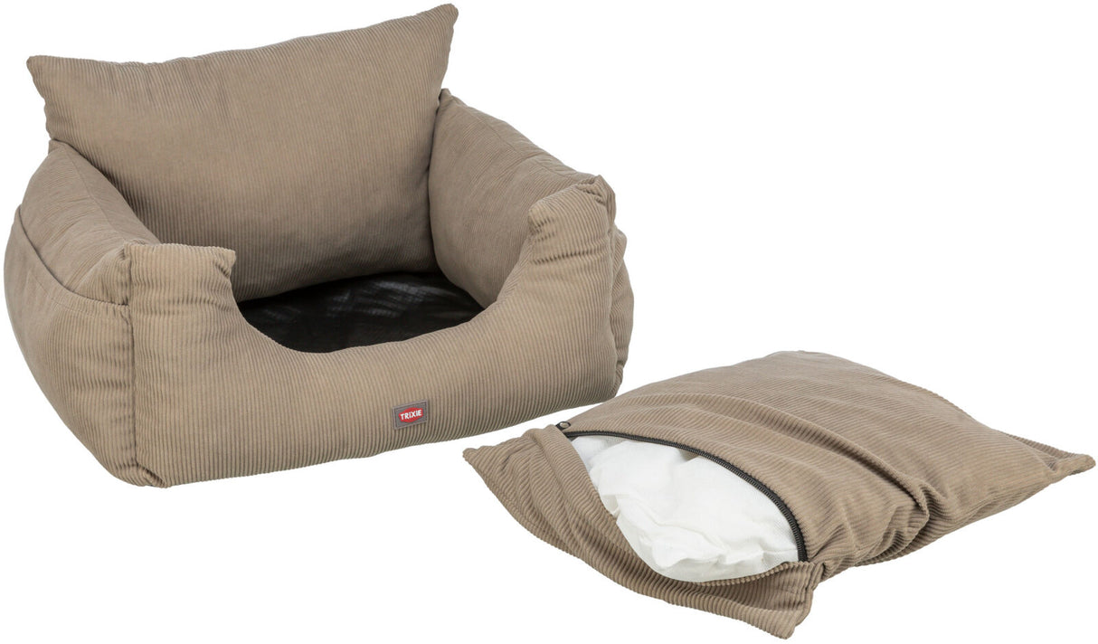 Beige Hundebett mit abnehmbarem Kissen, Reißverschluss sichtbar, Label "Trixie" vorne.