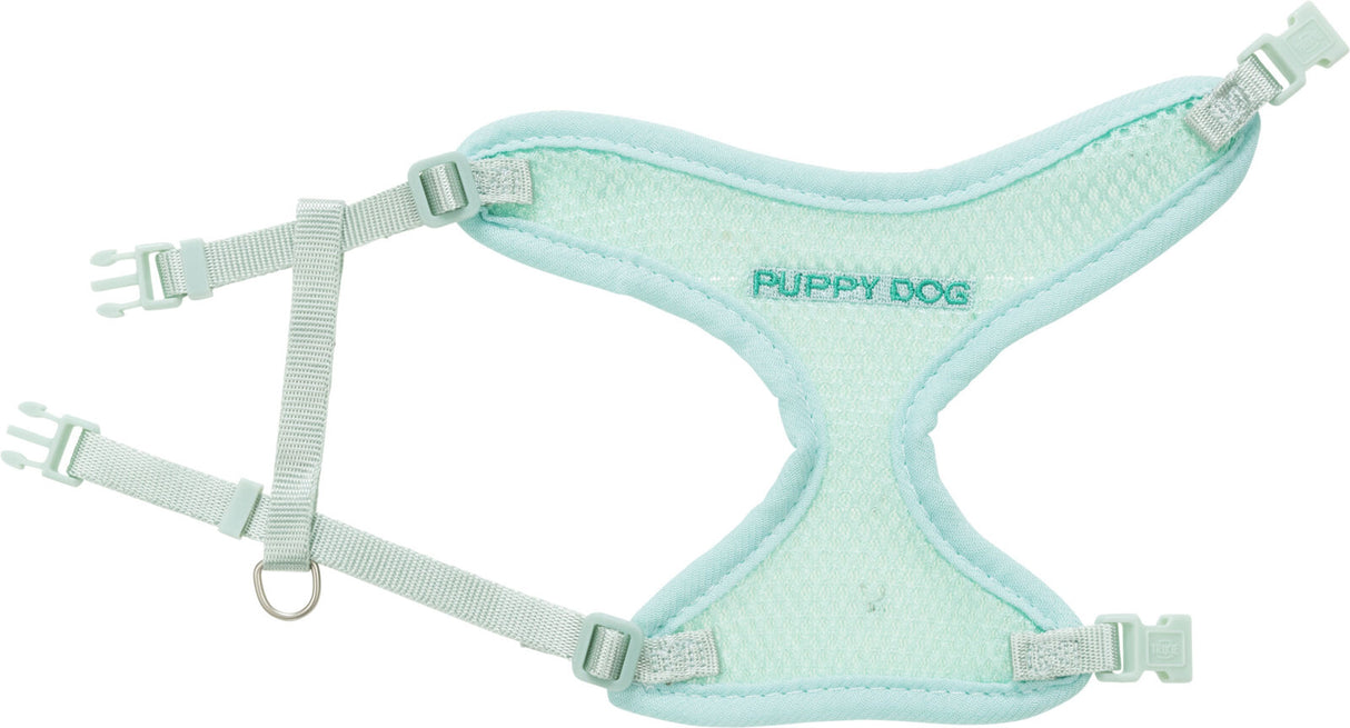 Hellblaues Hundegeschirr mit grüner Aufschrift "PUPPY DOG", verstellbaren Gurten und Kunststoffverschlüssen.