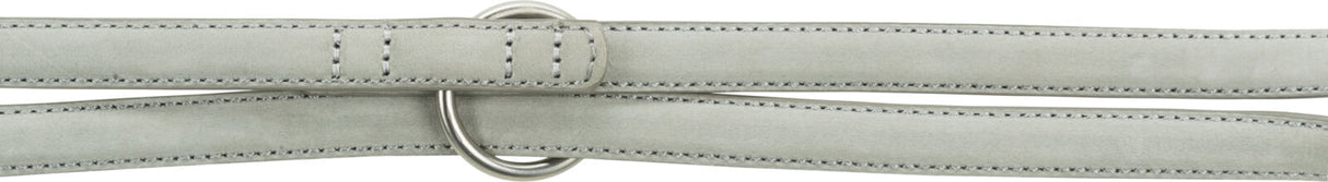 Hellgraues, gestepptes Riemenpaar mit silbernem Metallring in der Mitte, gleichmäßig genäht.