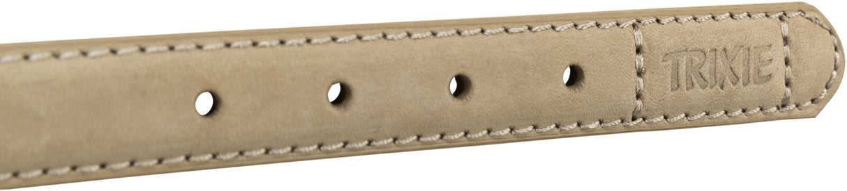 Beiges Halsband mit mehreren Löchern und sichtbarer Naht, an der Seite der Schriftzug "TRIXIE".