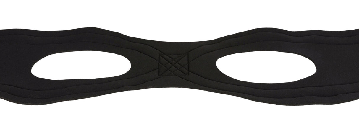Schwarze Augenmaske mit zwei großen Augenöffnungen und gestepptem Detail in der Mitte.
