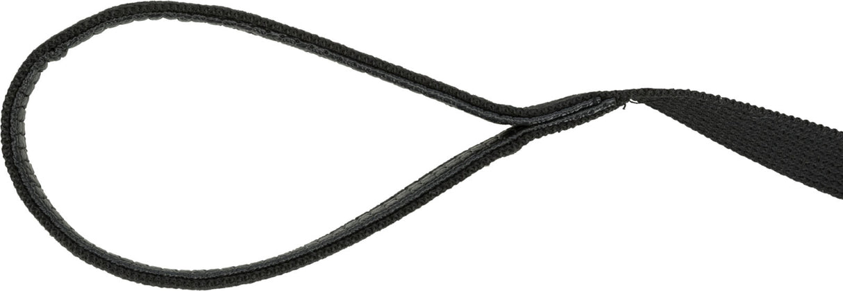 Eine schwarze, geflochtene Schlaufe aus Textilmaterial, die sich nach rechts zu verjüngen scheint.