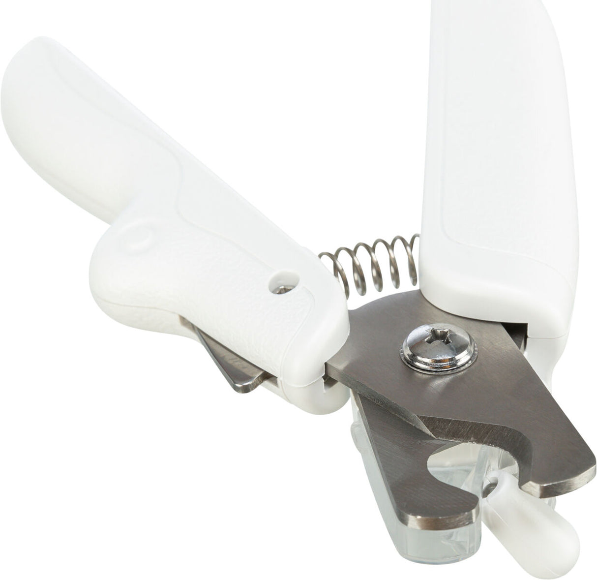 Weiße, ergonomische Nagelschere mit Federspannung und Metallklingen, geeignet für präzises Schneiden.