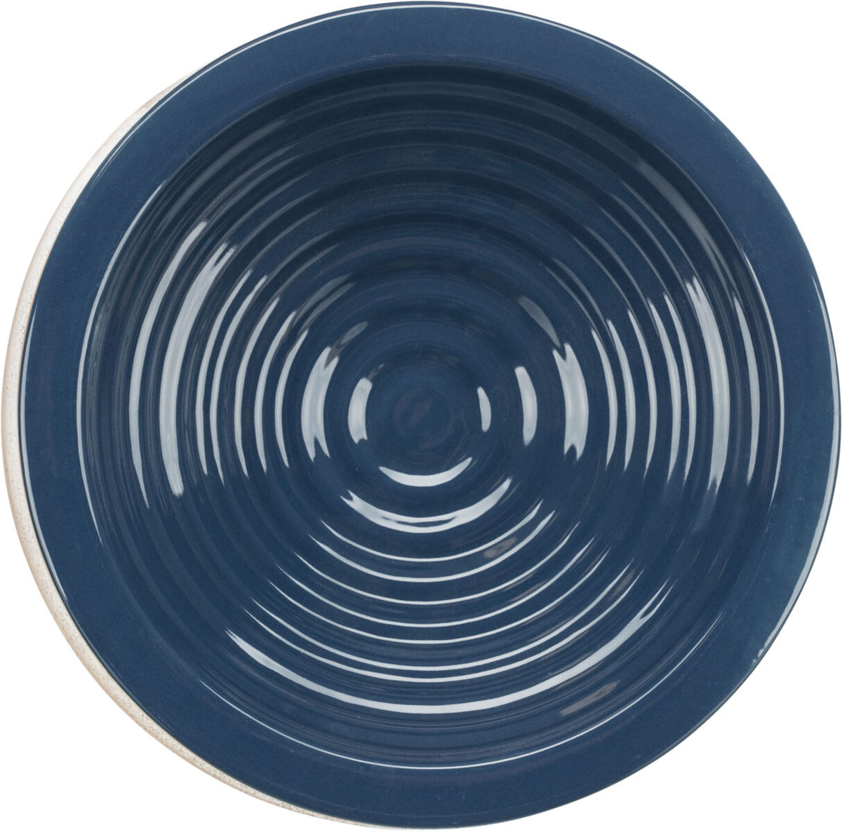 Eine dunkelblaue, runde, geriffelte Schale mit spiralförmigem Muster auf der Innenseite.