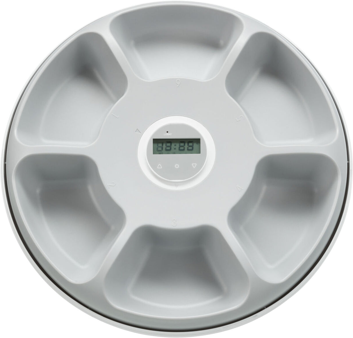 Graues, rundes Objekt mit sechs Fächern und einem zentralen Display, das die Ziffern 88:88 zeigt.