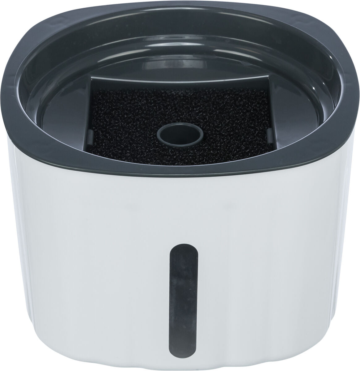 Runde, weiße Plastikbox mit grauem Rand und schwarzem Einsatz in der Mitte, an der Vorderseite ein vertikaler schwarzer Streifen.