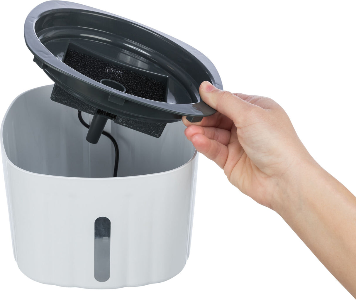 Eine Hand hebt den grauen Deckel eines weißen Behälters mit Sichtfenster, innen ist ein Filter sichtbar.