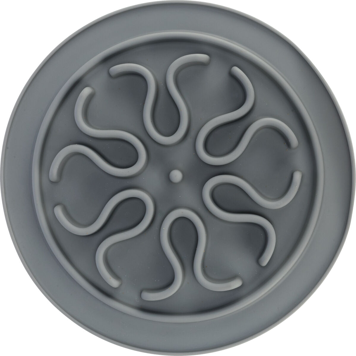 Runde graue Silikonmatte mit wellenförmigem Muster und erhöhtem Rand.