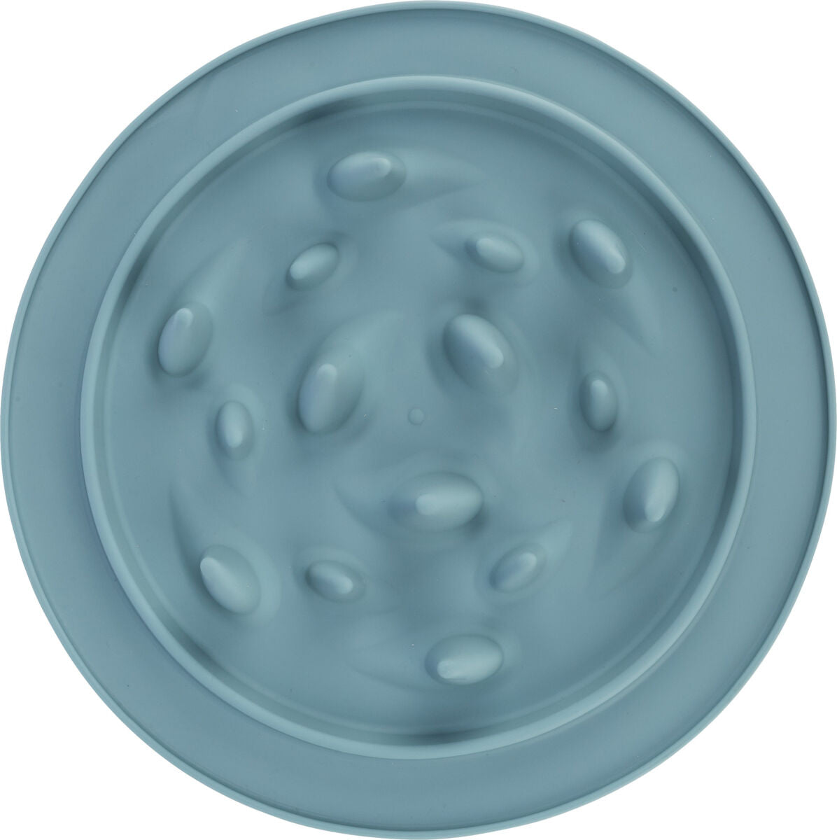 Eine runde, hellblaue Schale mit ungleichmäßigen Erhebungen auf der Innenfläche.