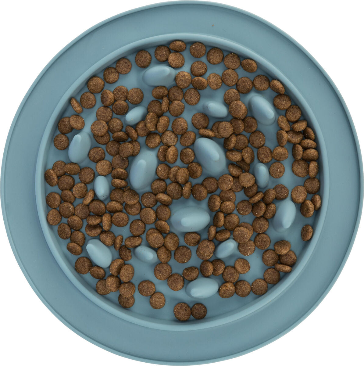Runde, blaue Futterschale mit braunem Trockenfutter gefüllt; die Schale hat erhöhte Muster.