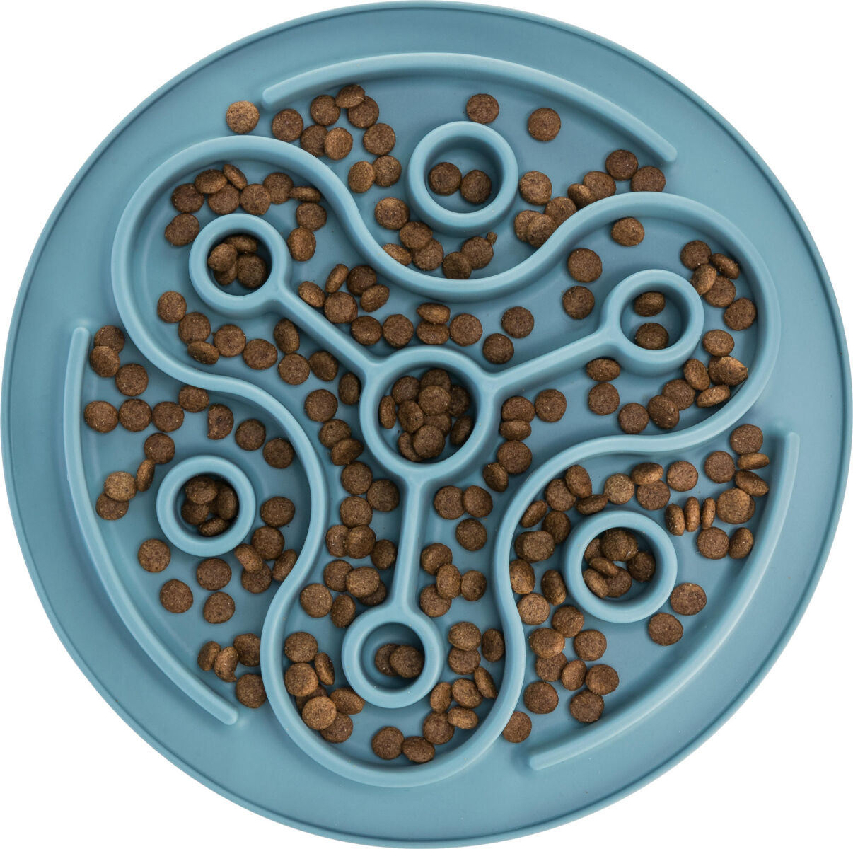 Runde blaue Futterschale mit labyrinthischem Design, gefüllt mit braunen Trockenfutterstücken.