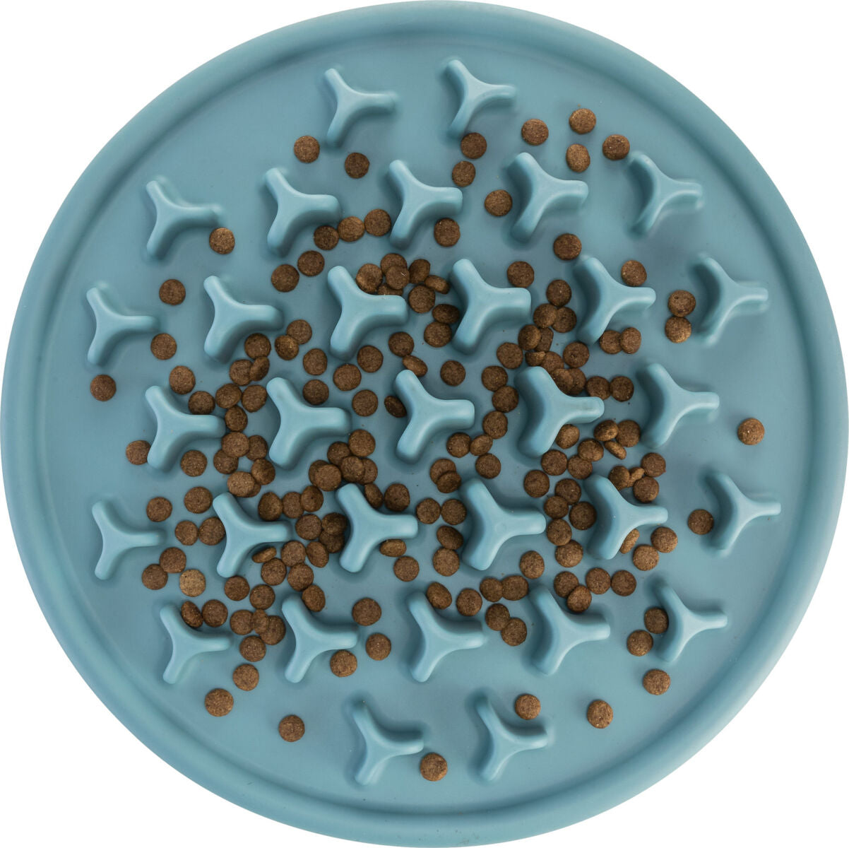 Rund, blau mit erhabenen Segmenten, braune Pellets auf blauer runder Oberfläche verteilt.