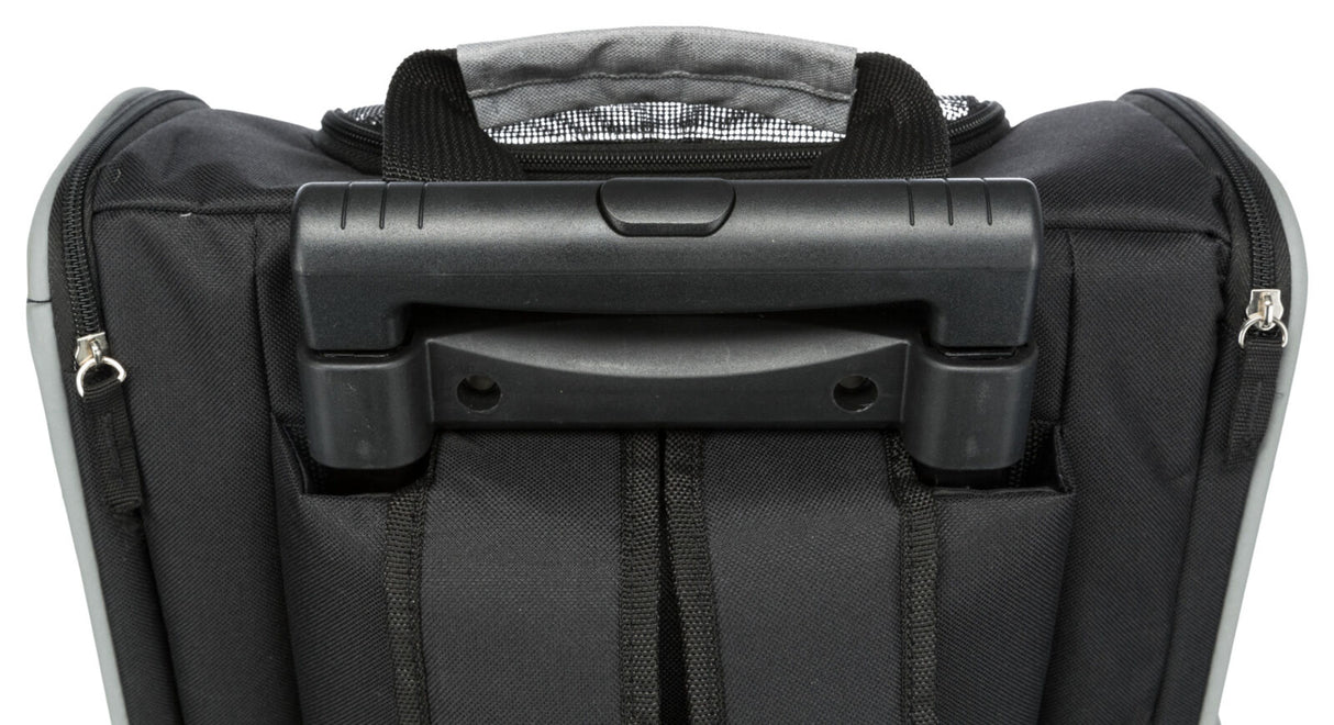 Schwarzer Koffer mit Teleskopgriff, seitlich Reißverschlüsse und oben ein grauer Tragegriff.