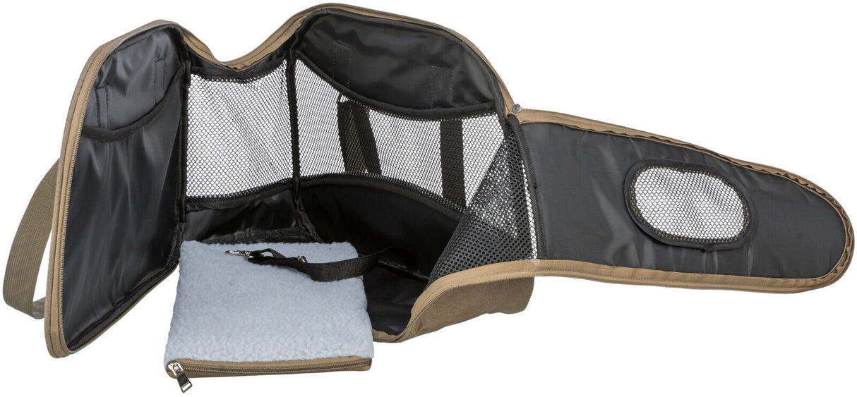 Braune Transporttasche mit schwarzem Netzgewebe, grauem Innenpolster und Trageschlaufe, Reißverschluss sichtbar.