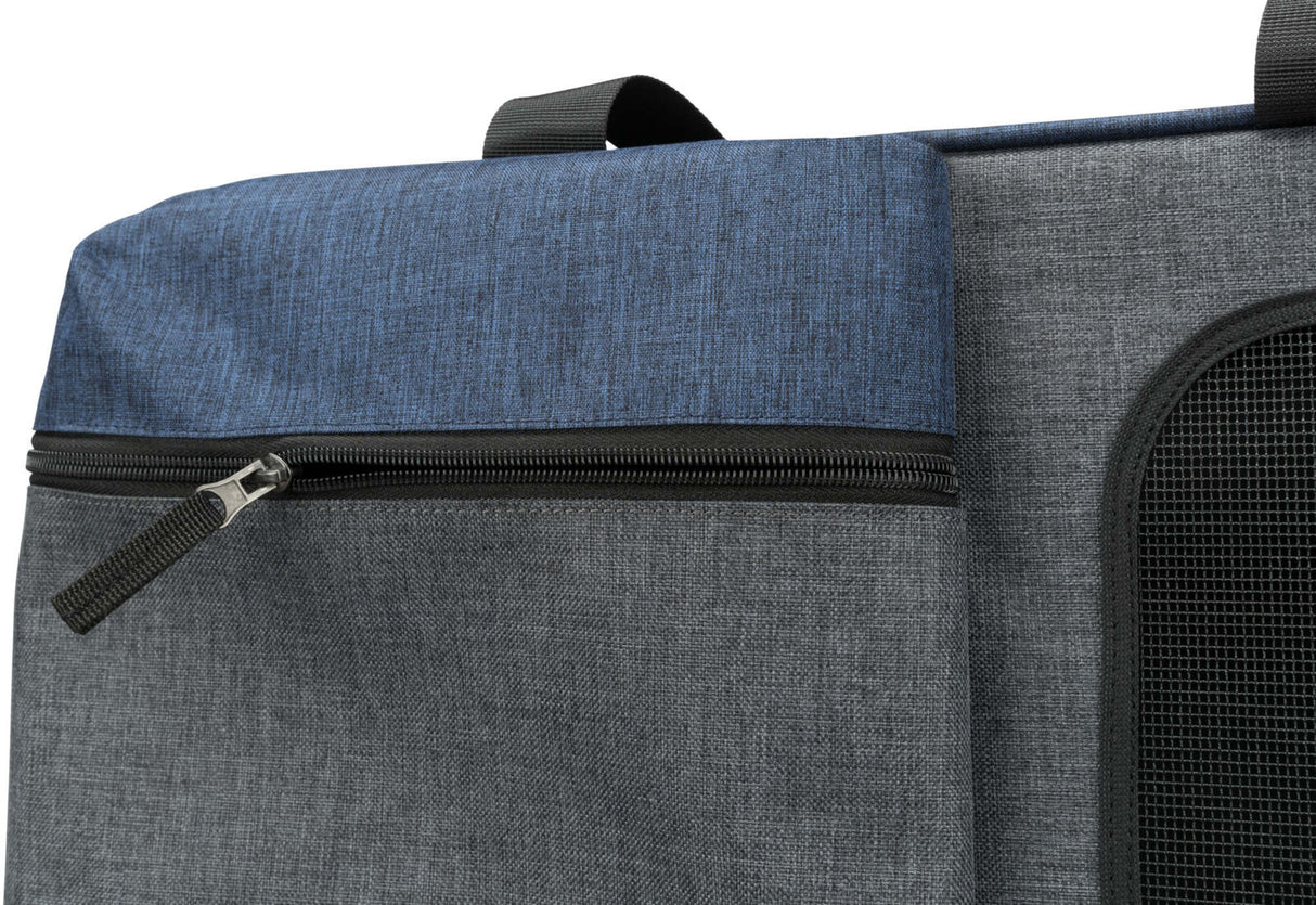 Graue und blaue Textiltasche mit Reißverschluss und Griff, Detailansicht.