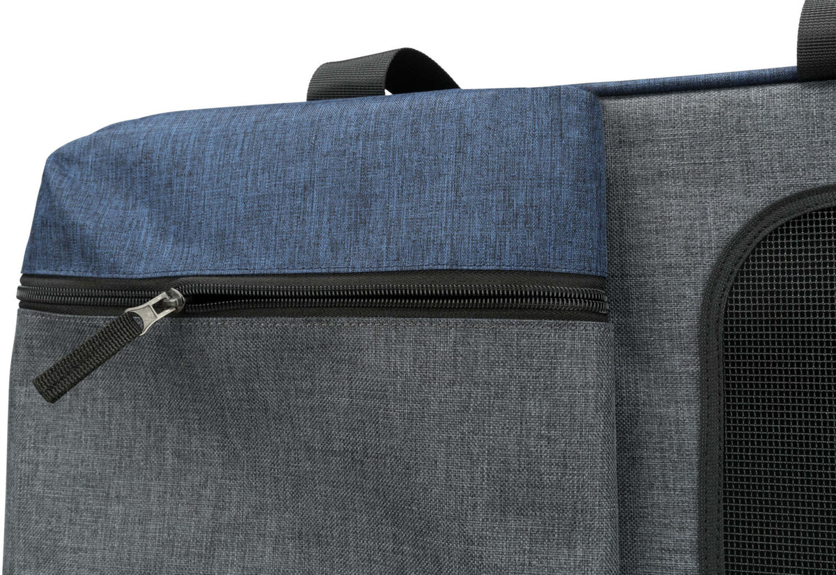 Graue und blaue Textiltasche mit Reißverschluss und Griff, Detailansicht.