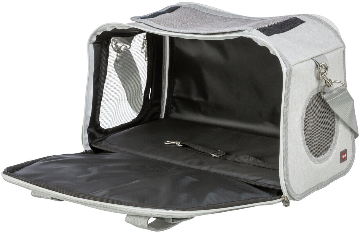Graue Transporttasche mit offenem Reißverschluss und Netzfenstern an der Seite, Innenraum schwarz.