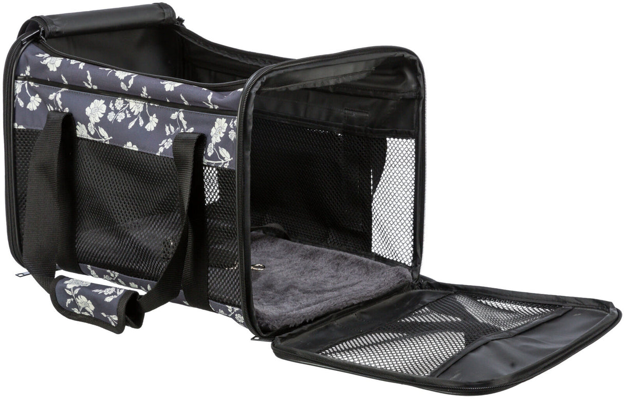 Schwarze Tragetasche mit floralem Muster und Netzseiten sowie gepolstertem Innenraum und Reißverschlussöffnung.