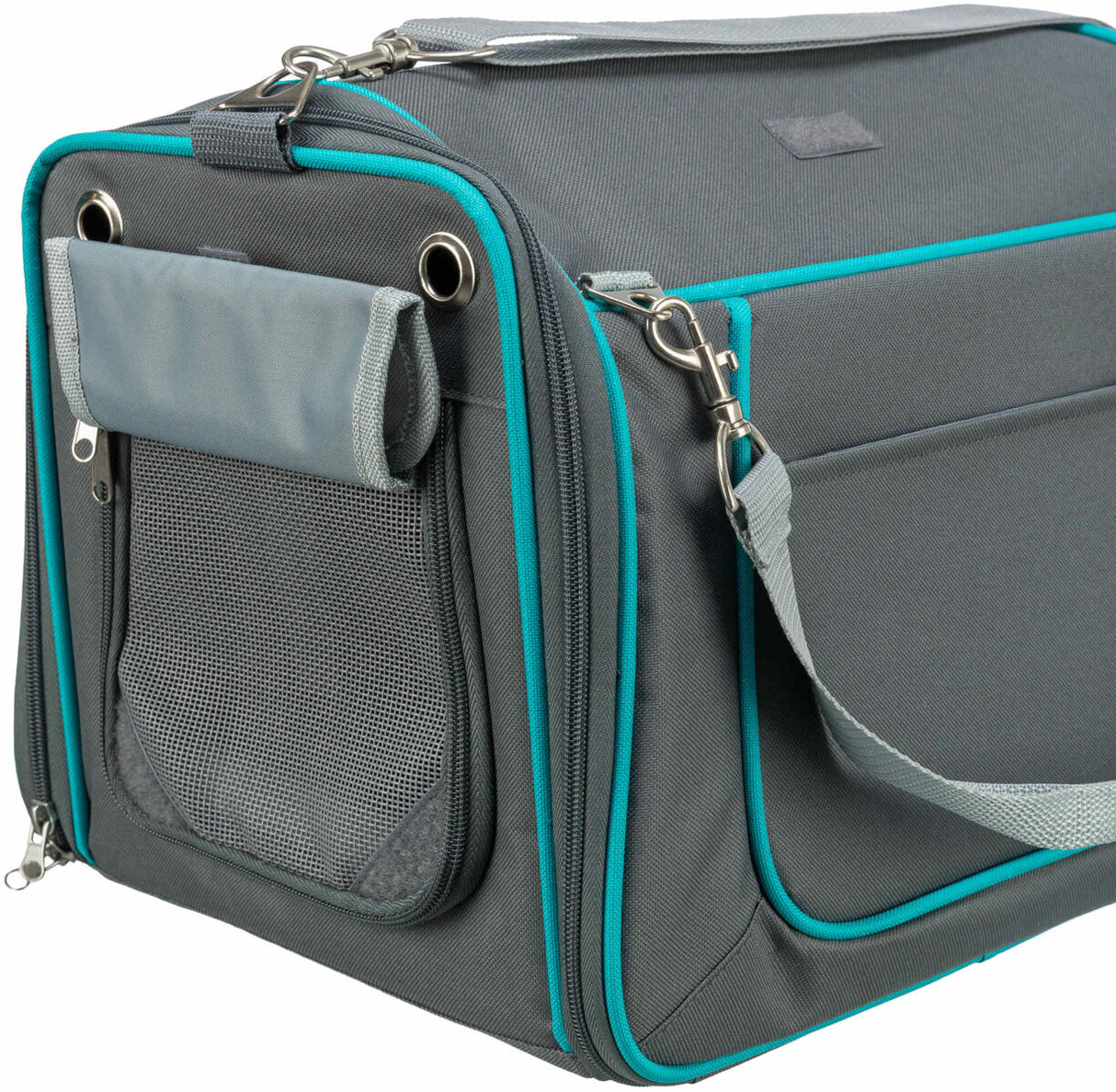 Graue Transporttasche mit türkisfarbenen Akzenten, verstellbarem Schultergurt, Netzfenster und Reißverschlüssen.