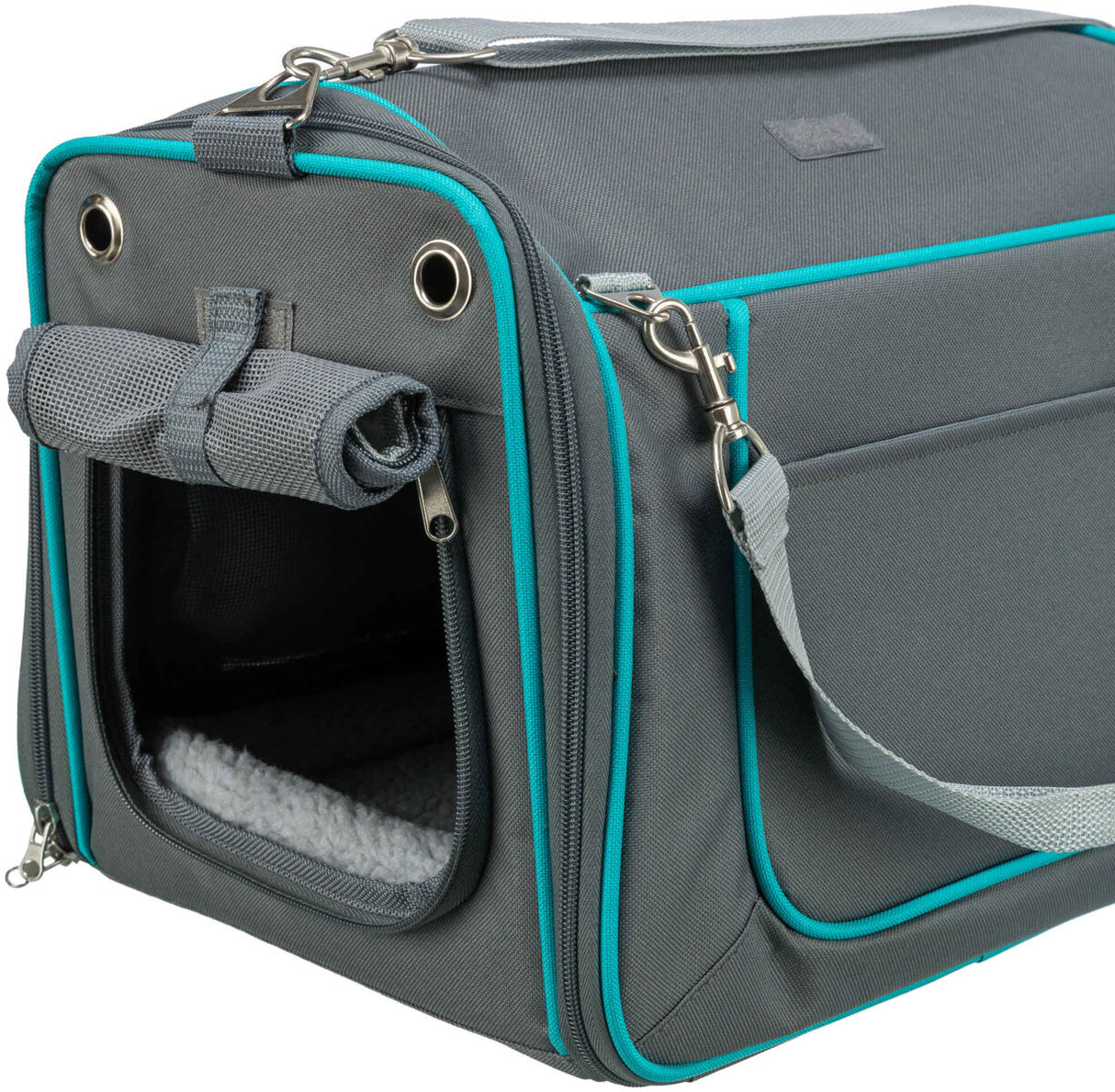 Graue Tragetasche mit blauen Kanten, Öffnung mit Reißverschluss und Schulterriemen, innen mit weichem Futter.