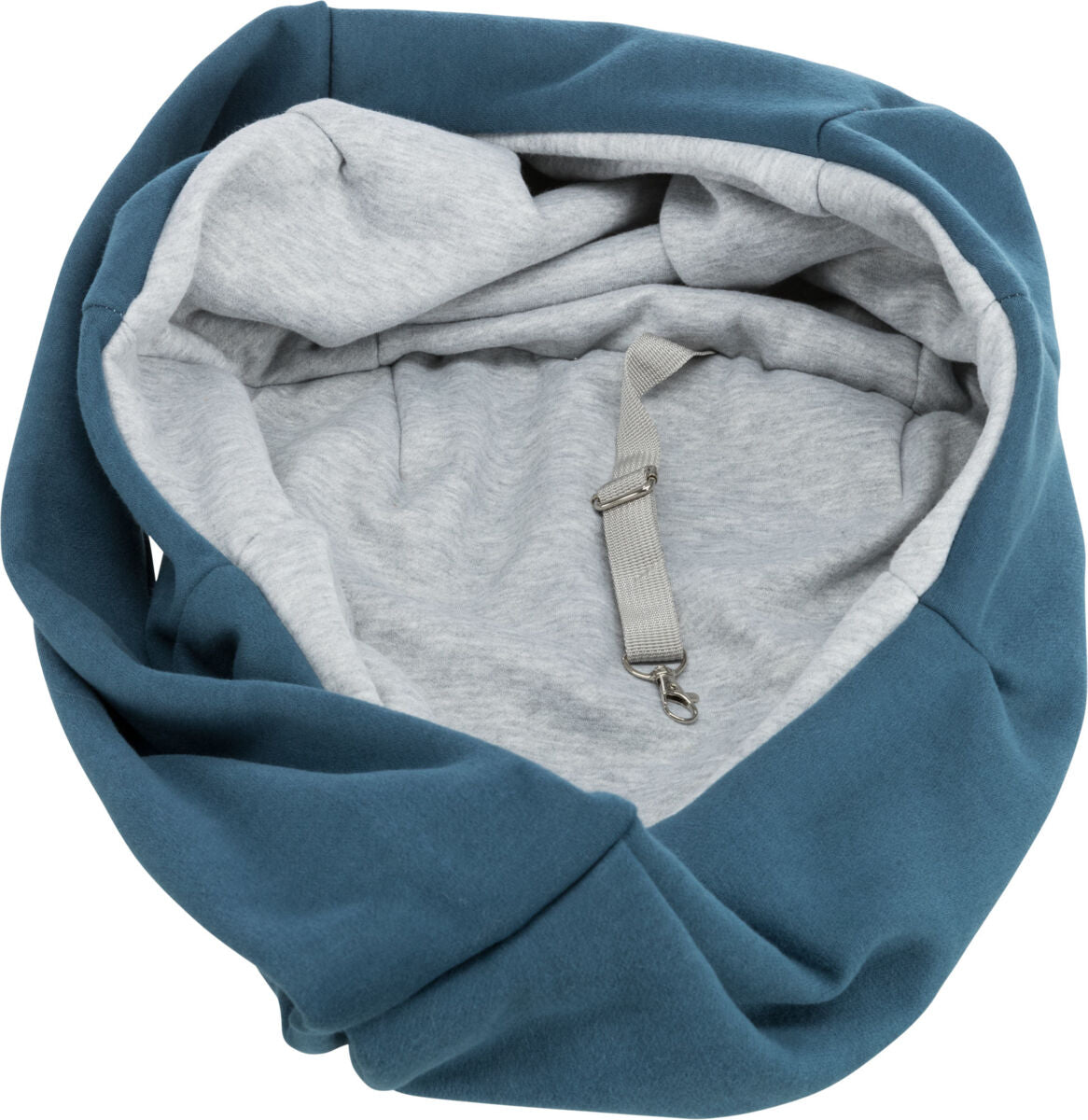 Blau-grauer Stoffbeutel mit weicher Innenauskleidung und angenähtem Gurthaken innen.