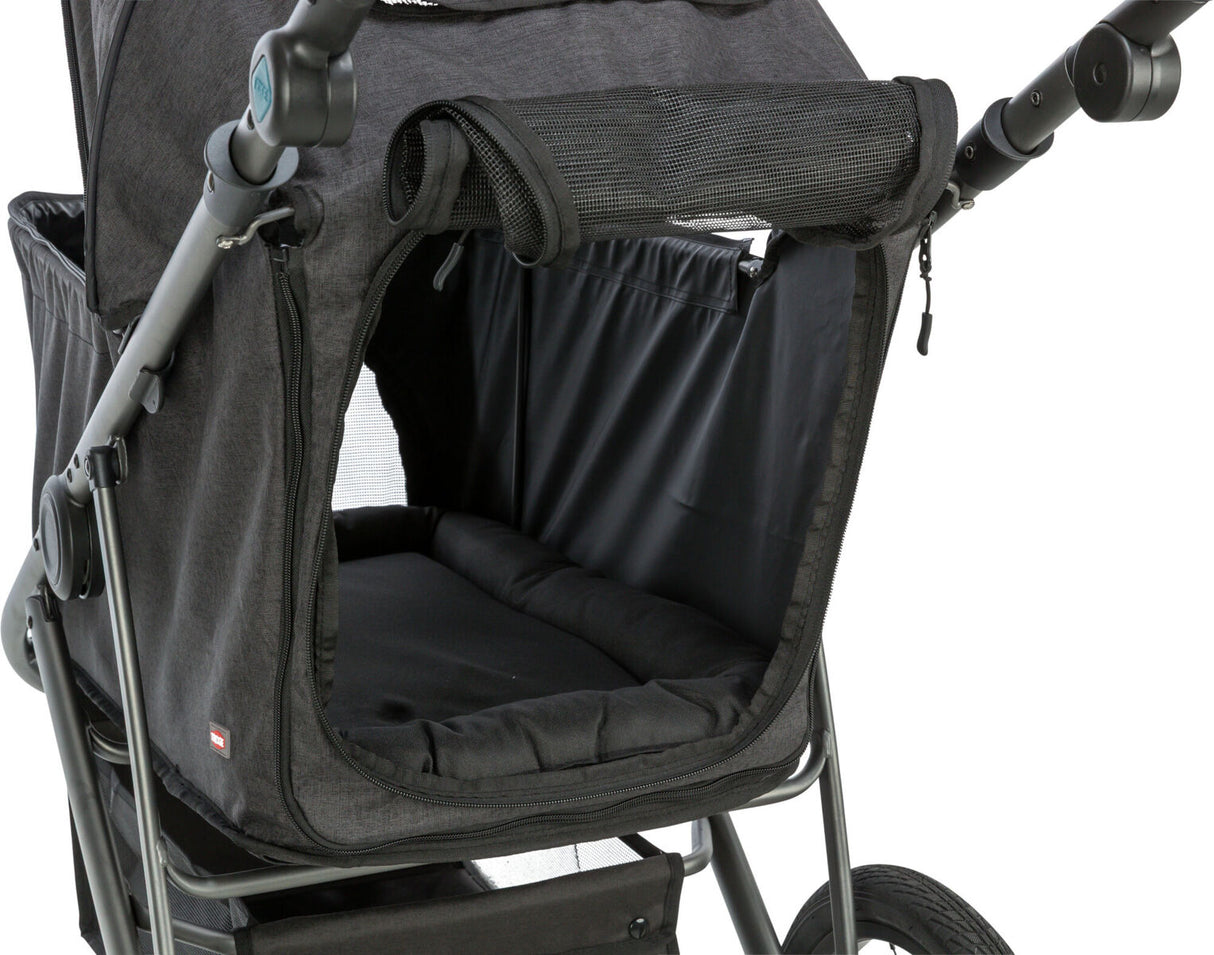 Dunkler Kinderwagen oder Transportwagen mit Netzabdeckung und gepolsterter Innenfläche, offene Frontansicht.