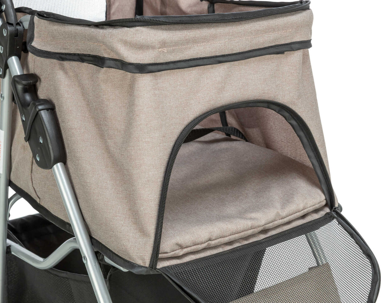 Beiger Kinderwagen mit schwarzem Netz und Metallrahmen, Sitzfläche gepolstert, offene Vorderseite.