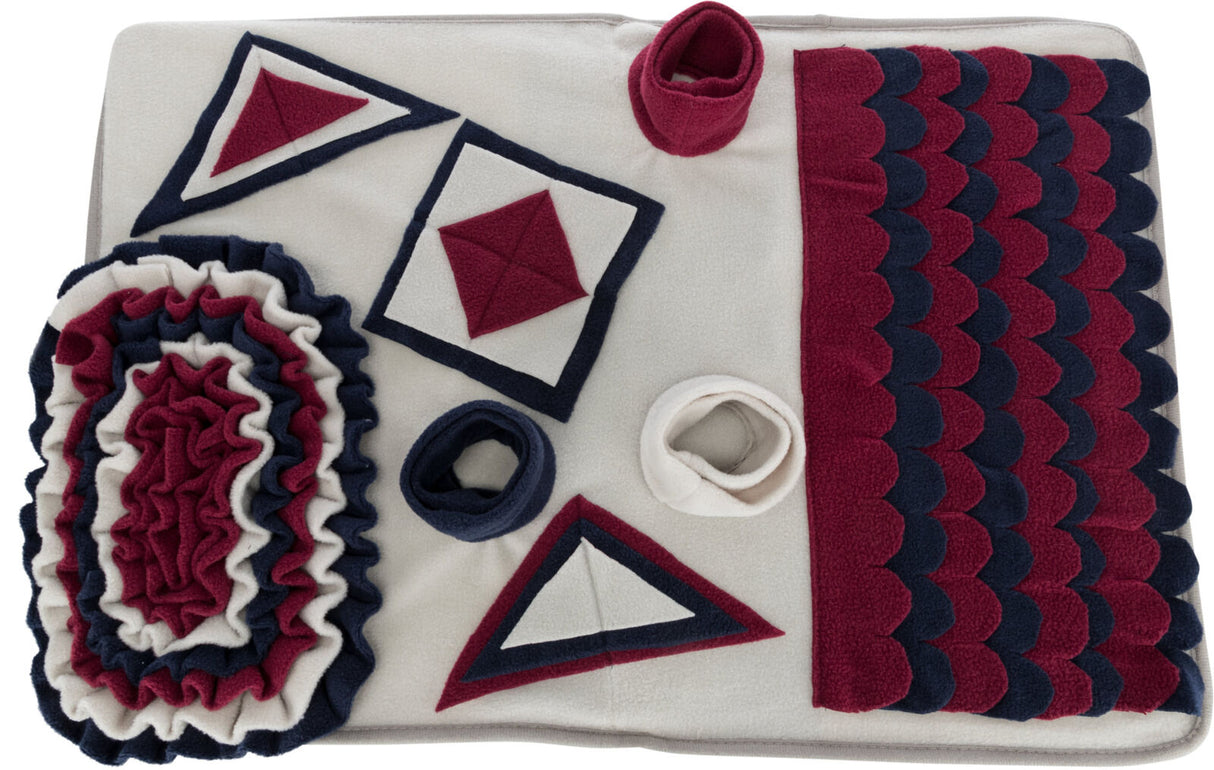 Rechteckige Matte mit geometrischen Mustern in Rot, Blau und Weiß, bestehend aus Kreisen, Dreiecken und Quadraten.