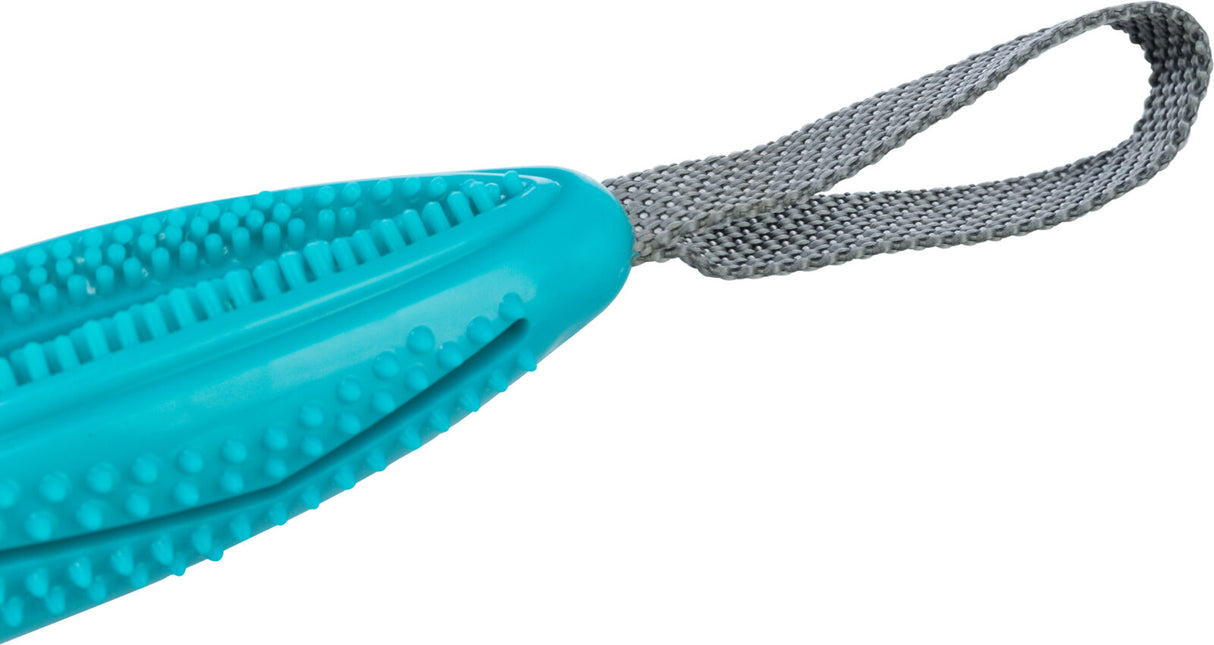 Türkisfarbener Kunststoffgriff mit genoppter Oberfläche und einer grauen, gewebten Schlaufe am Ende.