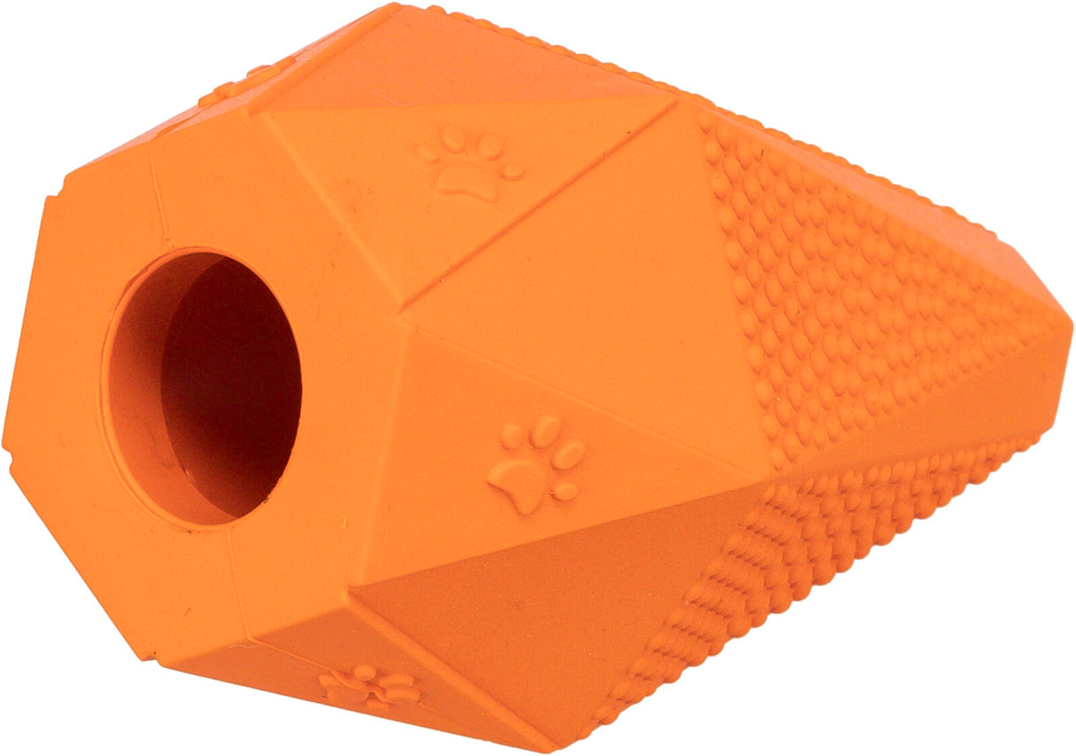 Orange Spielzeug mit kantiger Form und Pfotenabdruck-Muster, einem Loch an einer Seite und strukturierter Oberfläche.