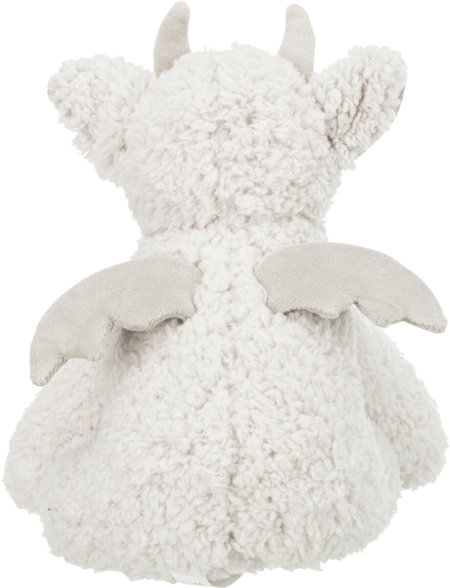Plüschfigur mit weißem, flauschigem Fell, kleinen grauen Hörnern und Flügeln, von hinten gezeigt.
