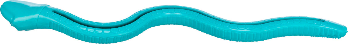 Blaues, wellenförmiges Objekt mit schwarzem Streifen und geriffelter Oberfläche, schlauchähnlich geformt.