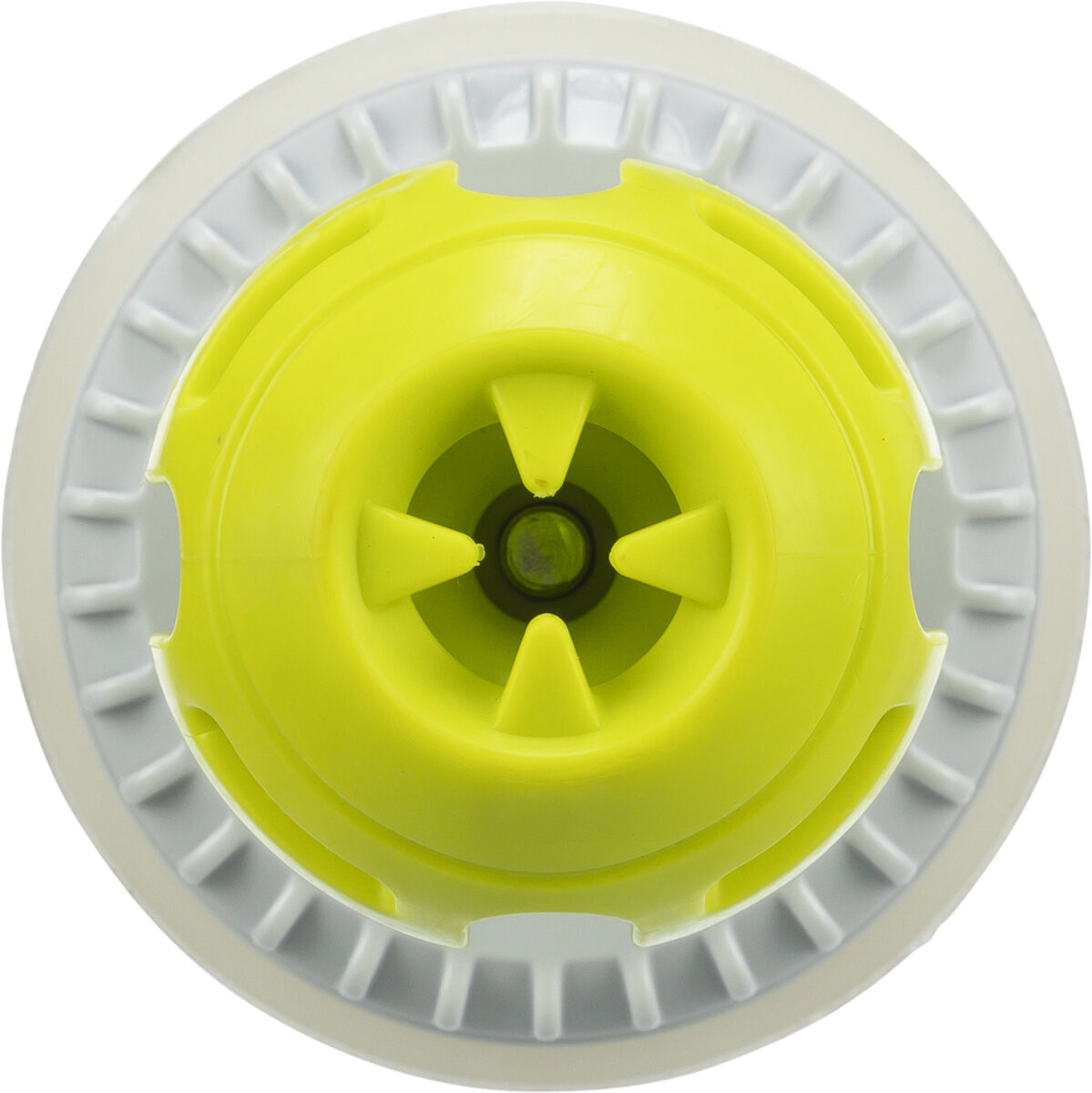 Runde weiße und gelbe Plastikstruktur mit zentralem Lüftermuster von oben betrachtet.