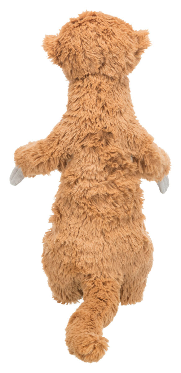 Plüschfigur in Braun mit zwei Vorderpfoten und einem nach unten zeigenden Schwanz, von hinten gezeigt.