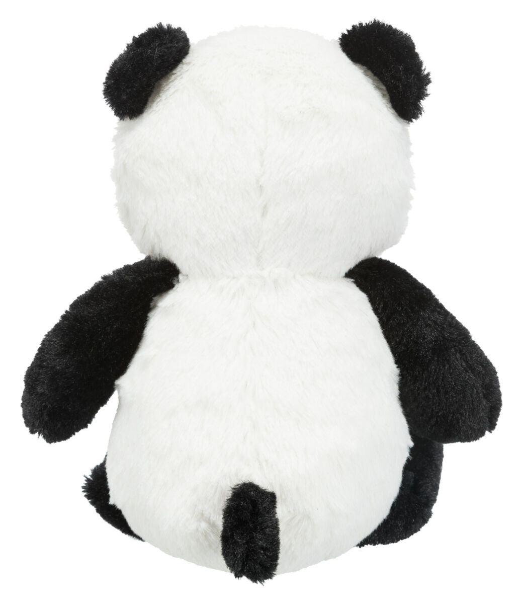Schwarz-weißer Plüschpanda von hinten, mit schwarzen Ohren und Gliedmaßen, vor weißem Hintergrund.