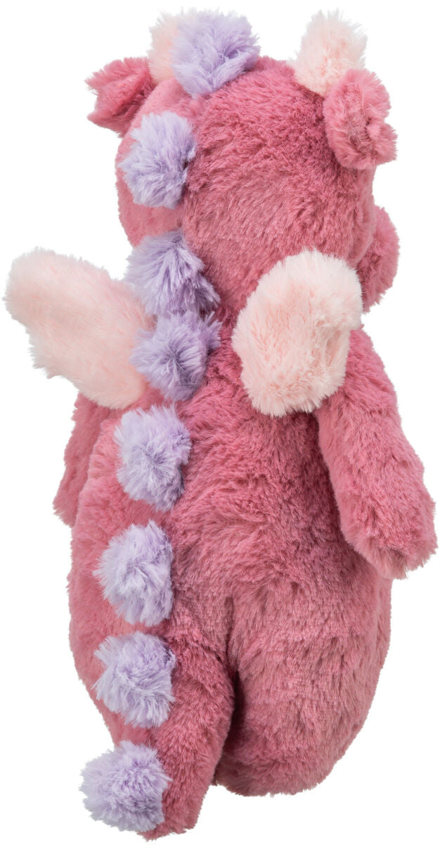 Rosa Plüschfigur mit hellrosa Flügeln und lila Bommeln entlang des Rückens.