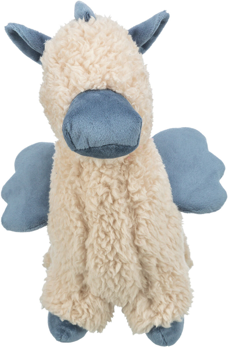 Plüschspielzeug in Beige mit blauen Ohren, Flügeln und Schnauze, dargestellt frontal auf weißem Hintergrund.