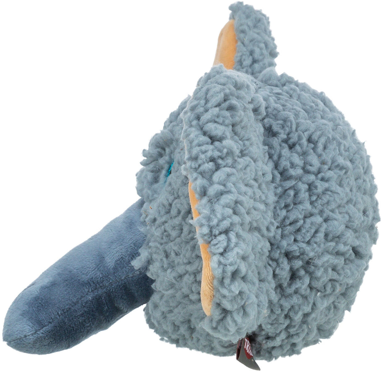 Weiches, graues Plüschspielzeug mit langen Ohren und einem langen Rüssel, an der Seite ein Etikett sichtbar.