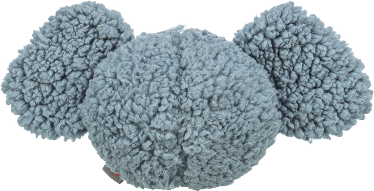 Weiches, graues, flauschiges Objekt mit drei großen, runden, texturierten Bereichen, die eine symmetrische Form bilden.