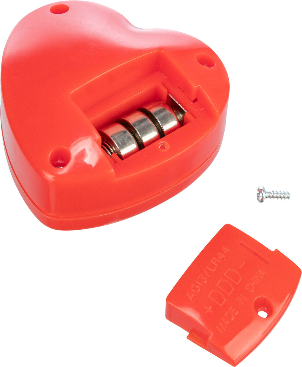 Rotes herzförmiges Kunststoffgehäuse mit Batteriefach, herausnehmbarem Deckel und einer kleinen Schraube.