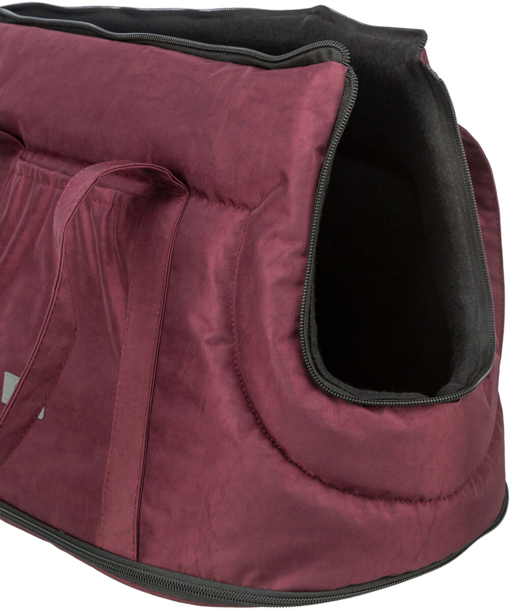 Rote, stoffartige Tragetasche mit zwei Henkeln und einer offenen, schwarzen Innenseite.