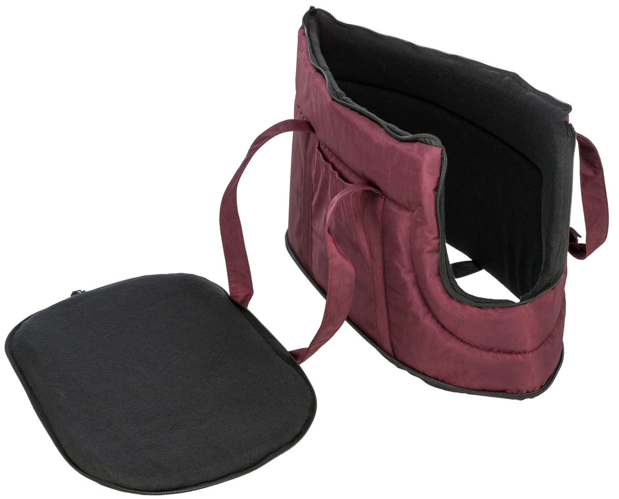 Tragetasche aus weinrotem Stoff mit abnehmbarem, schwarzem Bodenteil, geeignet für Haustiere.