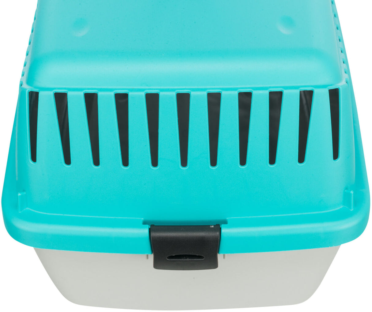 Türkisfarbener Behälter mit schwarzen Lüftungsschlitzen und schwarzem Verschluss.